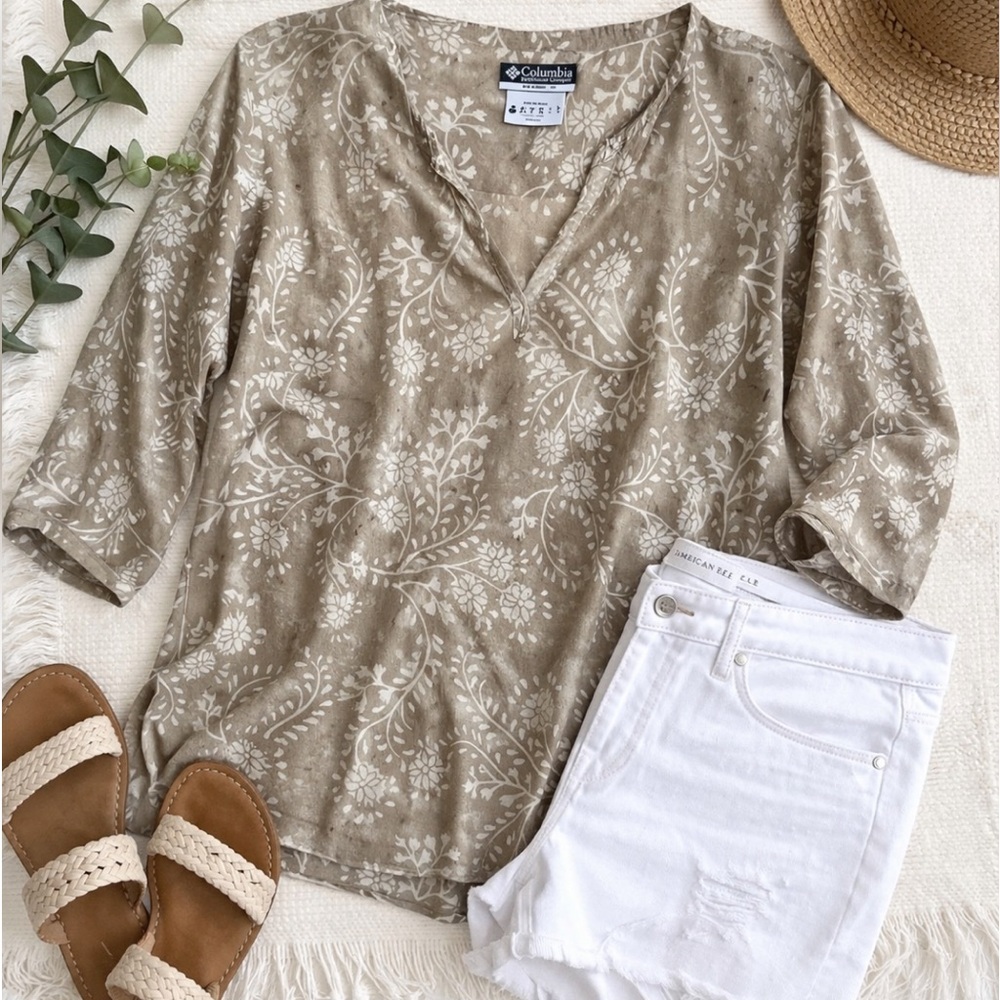 Columbia Neutral Floral Tunic Cotton V Neck Lightweight Boho Casual Top M